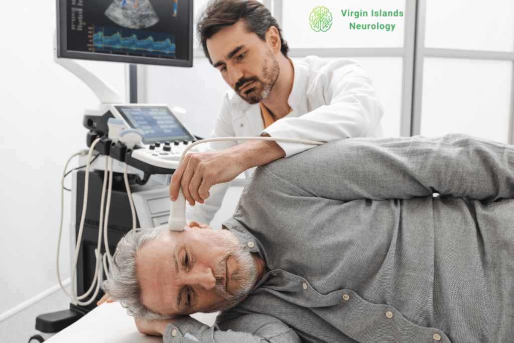 A patient getting a doppler ultrasound at Virgin Islands Neurology.