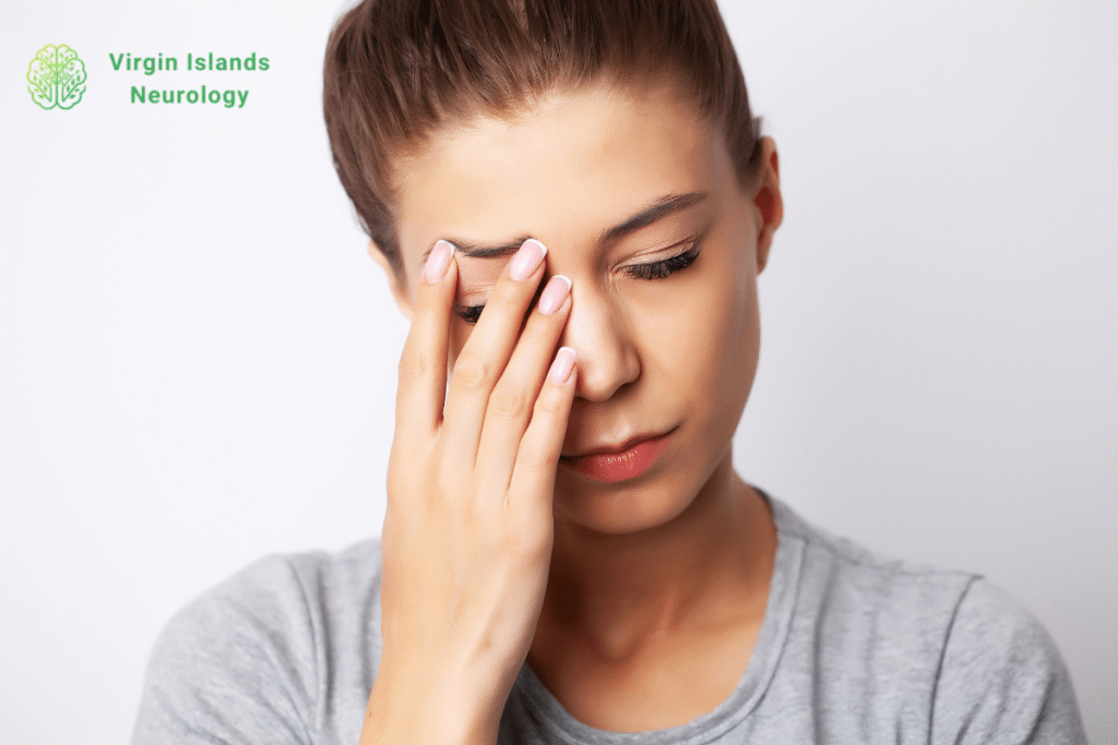 A woman with facial pain caused by a cluster headache in the U.S Virgin Islands.